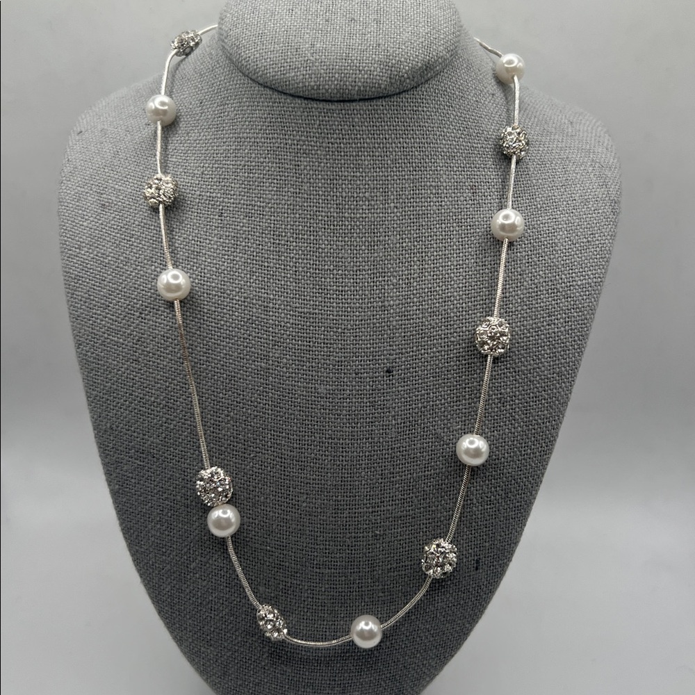 Anne Klein Silver Pearl Necklace with Crystal Beads 16” plus 2” extender 16 inch